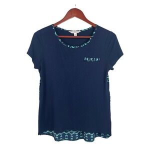 Navy Blue Turquoise Aztec Geometric Pattern Pocket Shirt Medium Bohemian Tribal